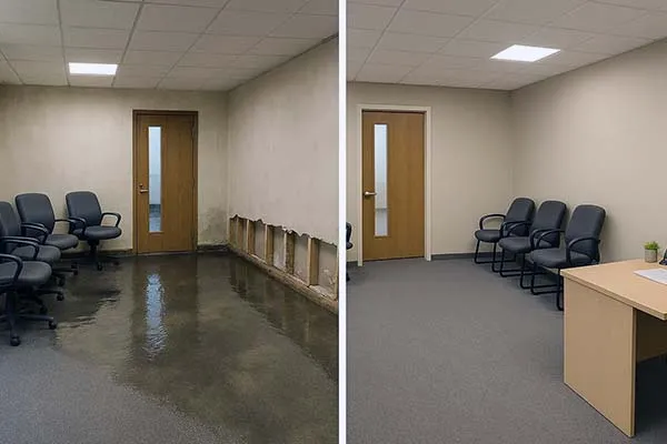 Before and after commercial restoration Phoenix Arizona - professional business property restoration showing complete office and warehouse recovery
