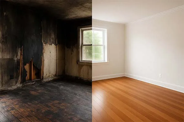 Before and after fire damage restoration Phoenix Arizona - professional smoke cleanup and fire damage repair results showing complete property restoration