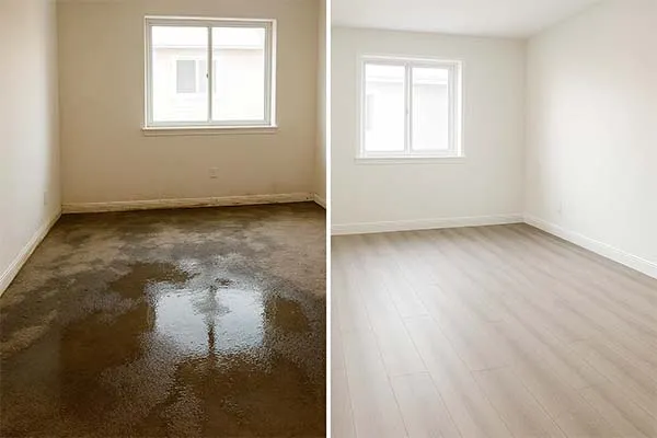 Before and after storm and flood damage restoration Phoenix Arizona - professional cleanup and repair showing complete property restoration from severe weather damage